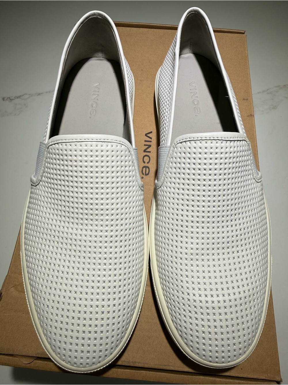 VINCE Blair Woodsmoke Perforated Leather Slip-On Loafers, White Size 7M